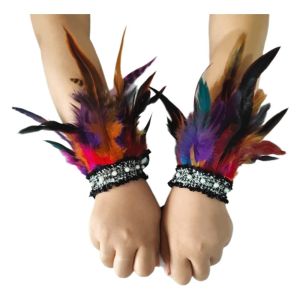 D5JKY Lace Feather Wrist Cuffs Adjustable Pearl Halloween Arm Cuff Elegant Fluffy Plume Bracelet Carnival