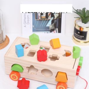 Wooden Shape Sorter Pull Cart Toy Montessori Matching Blocks With Wheels Fine Motor Skills And Hand-Eye Coordination Learning Toy For Toddlers 24M+ Gift For Boys And Girls