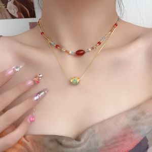 COSE 2pcs/set Ethnic Style Glass Bead Necklace Bead Copper New Chinese Style Choker Sweet Minority Design Beaded Clavicle Chain Girl