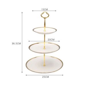 Khay bánh sứ viền vàng trang trí bánh hoa quả bày bàn tiệc 3 tầng