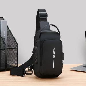 FS BAG#119 USB Charging port Sling Bag Male Anti-theft Chest Bag with Password Lock Mens Anti-Theft Password Lock Chest Bag Sports Crossbody Bag Adjustable Strap
