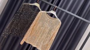 Luxury Women Crystal Sequins Embroidery Top Heavy Beads Shirts Blouses Clubs Hollow Tops 5503 #