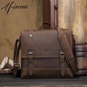 Hiram Crazy Horse Leather Shoulder Crossbody Handbags for Men Single Bag Vintage Style Male Briefcase Bags for 12 inch Laptop