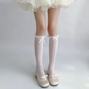 Japanese Style Sweet Girls Long Socks Stockings JK Lolita Bowknot Ruffles Knee Socks Mesh Fishnet Stockings Hollowed Socks