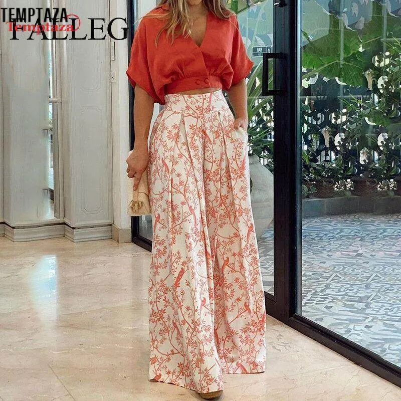 Plus Size Women's Printed Shirt Elegant Wide Leg Pants Fashion