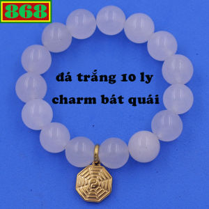 Vòng chuỗi đeo tay đá thạch anh trắng 10 ly charm bát quái inox vòng tay phong thủy