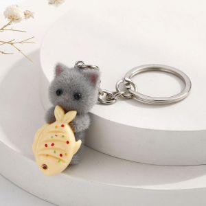 WEETE Animals Flocking Cat Keychain Flocking 3D Cat Cat Plush Keychain Bag Pendant Kawaii Fuzzy Cat Keyring Gifts