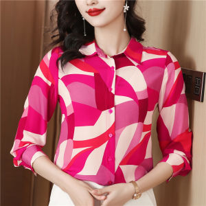 AMMIN เสื้อเบลาส์แฟชั่นสไตล์เกาหลีเรียบง่ายคอปกแขนยาวพิมพ์ลายเรขาคณิตเสื้อเบลาส์กระดุมแถวเดียวสำหรับเสื้อชีฟองหญิงฤดูใบไม้ผลิ/ฤดูร้อน2024ขนาดพลัสสวยสง่า
