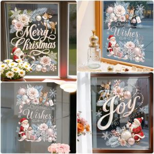 INNEED Pink Merry Christmas Window Sticker Cartoon Santa Deer Static Glass Cling Decals Creative Balloon Flower Shopwindow Decorative Sticker Christmas Season