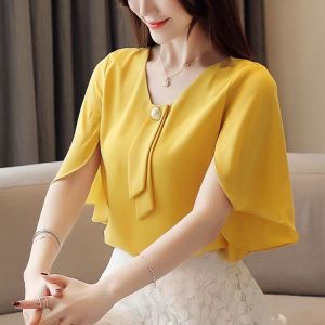 Elegant V-Neck Butterfly Sleeve Tie Beading Loose Chiffon Shirt Fashion Casual Summer Plus Size Commute Women Clothing Blouse