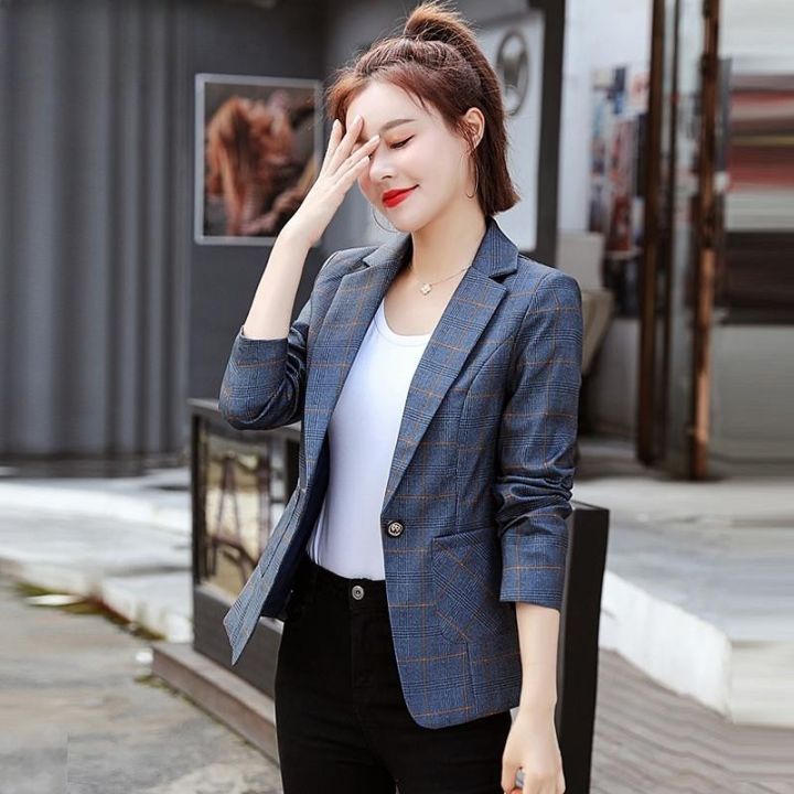 S-3XL Women Blazer Jacket Plaid Long Sleeve Slim Spring Autumn Fashion  Casual Elegant Business Office Work Suit Plus Size Dark Blue Gray Lazada  PH