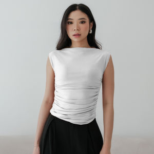 NZINGA Sooyoung | Atasan Wanita High Neck Tanpa Lengan - Baju Polos Kerut Samping Slim Fit | Ukuran S - XXL