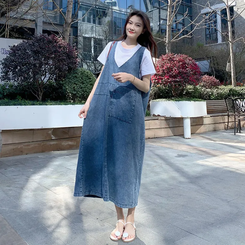 PKOGF Women Oversized Jeans Dress Casual Loose Plus Size Maternity