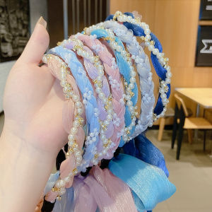 Summer Long Ribbon Hairband Pearl Braided Floral Headband Streamers Hair Hoop For Girls Korea Sweet Hair Tie Scarf Hair Accessories