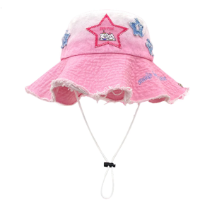 Sweet Pink Fading Color Fisherman Hat for Women with Star Patches Soft Bucket Hat for Daily Wear Sun Protective