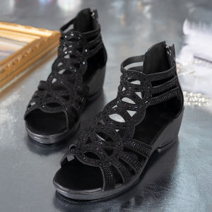 [Free Shipping] New Style Wedge-Heeled Sandals With A Back Zipper And Open-Toe Design Featuring A Thick Sole And Roman-Style Embellishments Fashionable Hollow-Out Sandals For Women