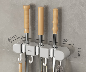 4 Ball Slots and 5Hooks Wall Mounted Mop Holder with Hook Punch-Free Mop Rack Bathroom Kitchen Mop Clip Hook Mop Hanger Broom Storage Rack Household Cleaning Storage Supplies