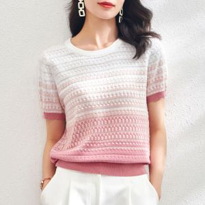 LUCKIN STORE Womens Short Sleeve Knit Sweater Tops Splicing 2023 New Summer T-shirt