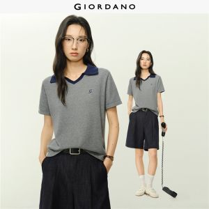 Giordano Women Embroidery contrast collar short sleeve knitwear Free Shipping 18356310