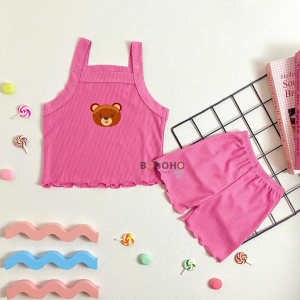 BOBOHO - SETELAN ANAK PEREMPUAN MOTIF BEAR LOKAL / SETELAN CELANA PENDEK TANPA LENGAN LEMBUT DAN NYAMAN MOTIF BEAR GAYA KOREA BAYI BARU MUSIM PANAS