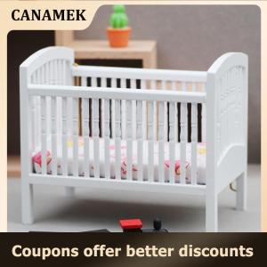 【 CANAMEK 】 1:12 Dollhouse Miniature Bed Baby Crib White Baby Bed Furniture Bedroom Model Decor Toy Doll House Accessories