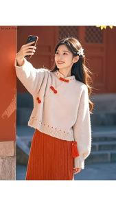 2026 New Chinese Style Disc Buckle Stand Collar Qipao Top Thicken Warm Winter Fashionable Top Vintage Literature Art Zen Hoody2026