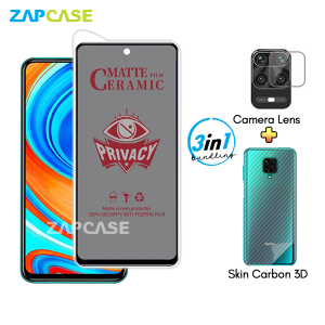 Paket 3in1 Anti Gores Layar Privasi Xiaomi Redmi Note 9 Pro Free Tempered Glass Camera dan Skin Carbon
