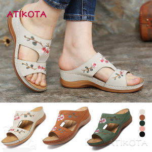 Atikota Women Wedges Sandal Flower Embroidered Cross Straps Non-slip Sandals Slippers