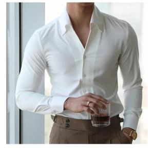 Mens Italian Collar Shirt Wrinkle-free Casual Fashionable Slim-fit with A Lapel Design Branded Clothing Youth New