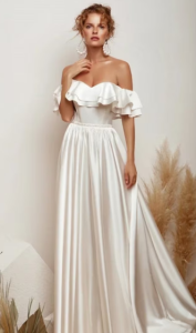 Slinky Boho ALine Off The Shoulder Open Back Sleeveless Strapless Exposed Shoulders Wedding Dress Bridal Gown Simple Minimalist