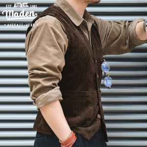 Maden เสื้อแจ็คเก็ตผู้ชาย2024ใหม่ล่าสุดฤดูใบไม้ร่วงญี่ปุ่นย้อนยุคนอกเสื้อแขนสั้นคอวีชั้นผลิตภัณฑ์ใหม่สำหรับสุภาพบุรุษปาร์ตี้เดทกับขุนนางสีกากีเรียบง่ายชายแขนกุด