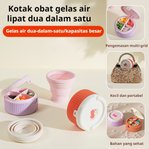 Kotak Obat Mini + Gelas Lipat / Desain Portable untuk Travel/Kotak Pil Multifungsi / Dilengkapi Gelas Minum Portable/Penyimpanan vitamin harian/Kotak obat label hari