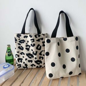 DWT9814 Portable Casual Office Worker Tote Leopard Print Polka Dot Lunch Bags Lightweight Eco Bag Korean Canvas Bag Student Bags Shopping Books Bags Women Shoulder Bags