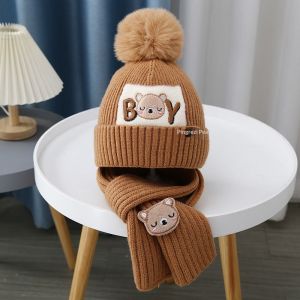 Trail Echo Adorable Kids Winter Hat and Scarf Set with Cute Bear Design Warm Knitted Beanie with Pom Pom for Boys and Girls
