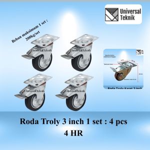 Roda troli Karet 3" inch  troly kastor 1 Set 4pcs ( 4 Hidup Rem  )