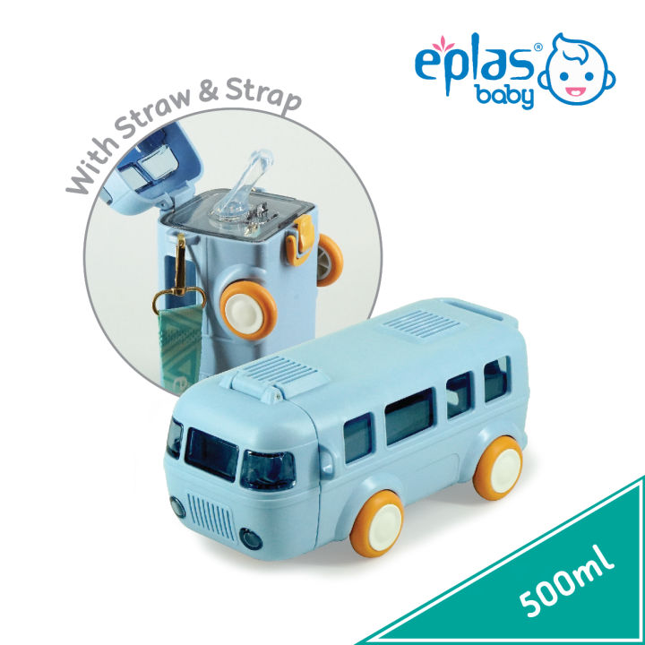 EPLAS BABY 500ml Roller School Bus Toys Kids Water Bottle W/Straw&Strap ...