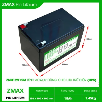 Bình Acquy Pin Lithium LiFeFO4 12V 15Ah ZMU12V15M có dòng xả liên tục 150A và dòng xả tức thời 500A cùng cân bằng chủ động được dùng Cho Bộ Lưu Điện UPS