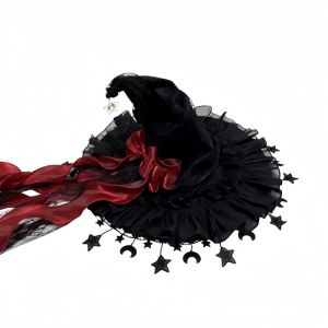 JPTD Bow Ribbon Halloween Hat Lace Star and Moon Pendant Lolita Witch Hat Funny Pearl Yarn Cosplay Accessories Halloween Party