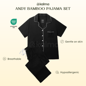 Kalma Bamboo Sleepwear Pajama Set for Women (CHARCOAL) | Short Sleeve Button Up Shirt with Long Pants | Andy Collection