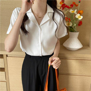 M&C Vintage Turn Down Collar Blouse for Women Korean style short sleeve Plain Chiffon shirt tops