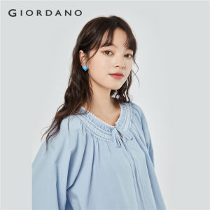 GIORDANO Women Blouses Ribbon Smocked Crewneck Loose Blouses Raglan Sleeve Elegant Fashion Casual Tencel Blouses 18343212
