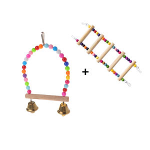 Wooden Parrots Swing Toy with Colorful Beads Bells Pet Bird Cage Hammock Swing Swing Chewing Toys Hanging Hammock