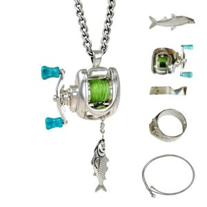 Men Women Mini Fishing Reel Jewelry Set Line Wheel Pendant Necklace Fashion Sporty Outdoor Fishing Jewelry Gift for Anglers