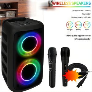 带2个麦克风低音炮的无线扬声器、大型Boombox扬声器、立体声扬声器、低音炮、户外无线扬声器、派对迪斯科灯、TWS、TF、