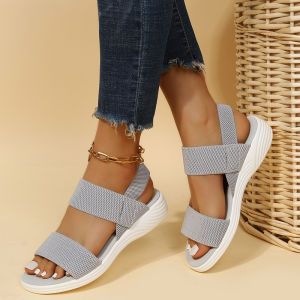 [Free Shipping] Casual Sandals For Women Summer Thick-Soled Flat-Heeled Wedge Sandals Fish-Mouth Design Elastic Straps Plus-Size Sandals WomenS Shoes