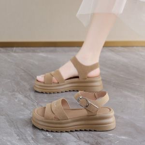 [Free Shipping] Light luxury style thick-soled height-increasing Roman sandals for women 2026 new summer model with Velcro fastening and soft sole suitable for pairing with skirts