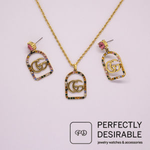 Women Elegant GG Retro Square Stylish Earring And Pendant Set With Coloured Diamonds And Rope Chain.