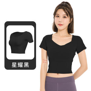 Solid Colors Short Sleeves Yoga Suit Top with Chest Cushion Yoga Ladies Slim Fit Shockproof Sport Bra Quick Dry Breathable Sports Crop Tops Activewear Womens Workout Gym Dance Sportswear Top