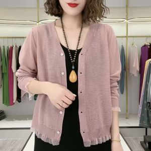 Womens Thin and Cool Knit Jacket 2023 Fashionable Solid Color Knitted Cardigan Loose Top for Women