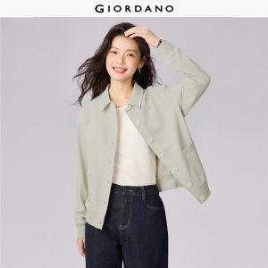 GIORDANO Women Jackets Double Knit Notched Collar Shackets Double Pockets Buttons Fashion Casual Loose Shackets 05375467